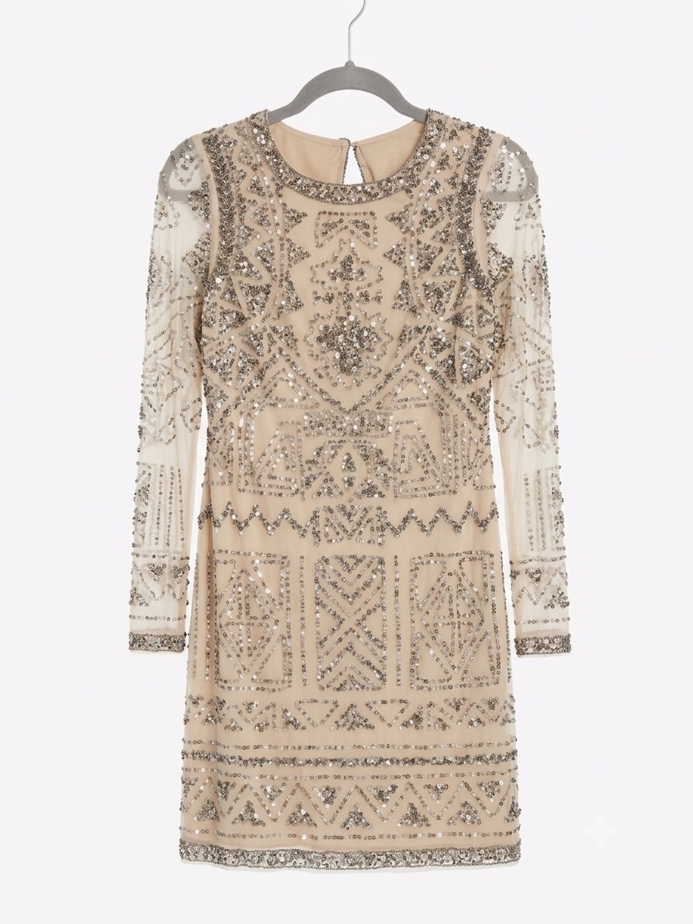 Adrianna Papell Champagne-Beige Sequined Long-Sleeve Cocktail Open Back Dress